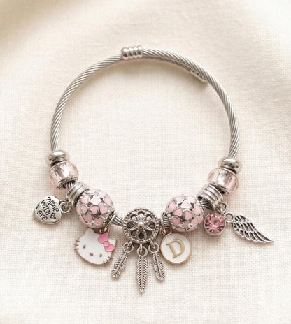 Hello Kitty Charm Bracelet with Initial, Personalized Cable Bangle, Pink Crystal, Y2K Gift Jewelry