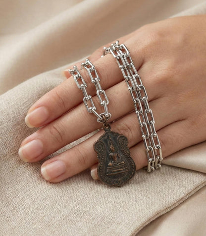 Thai Buddha Pewter Amulet Necklace