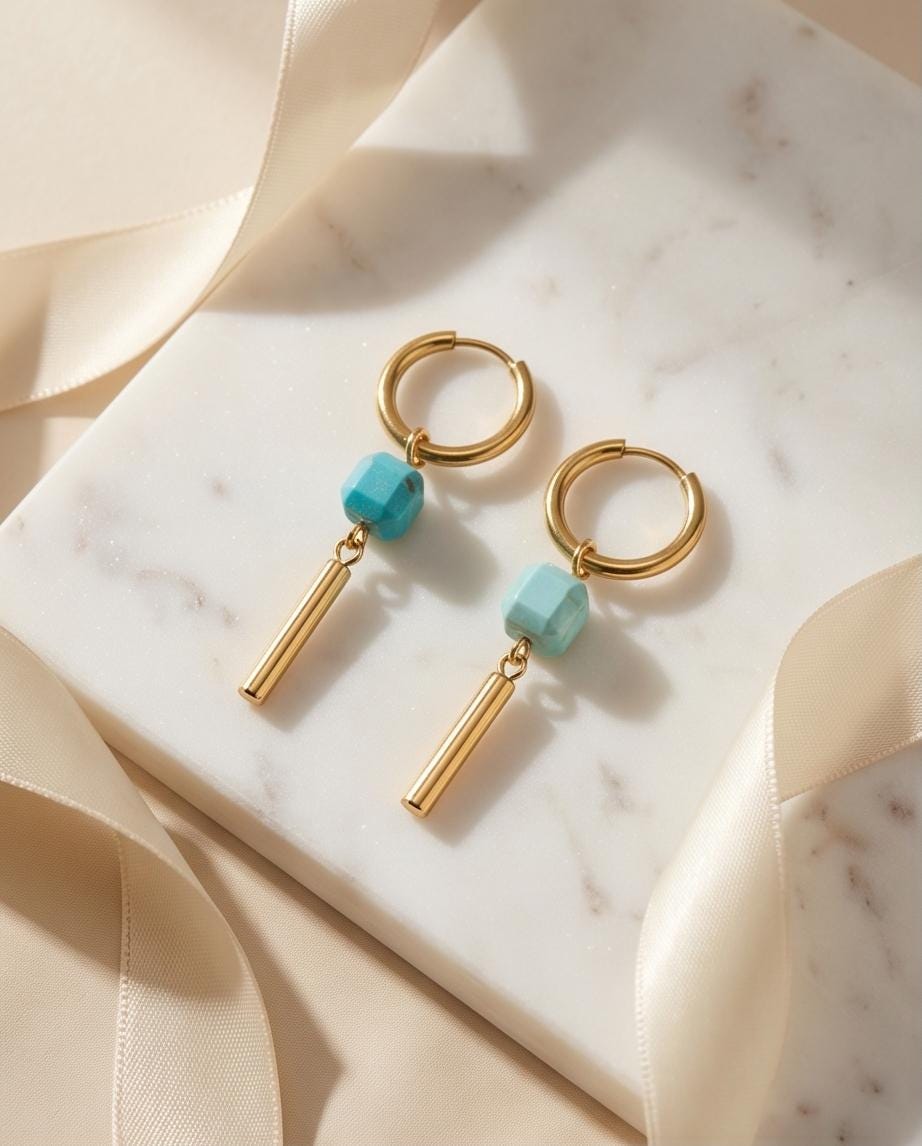 Gold & Turquoise Dangle Huggie Hoop Earrings