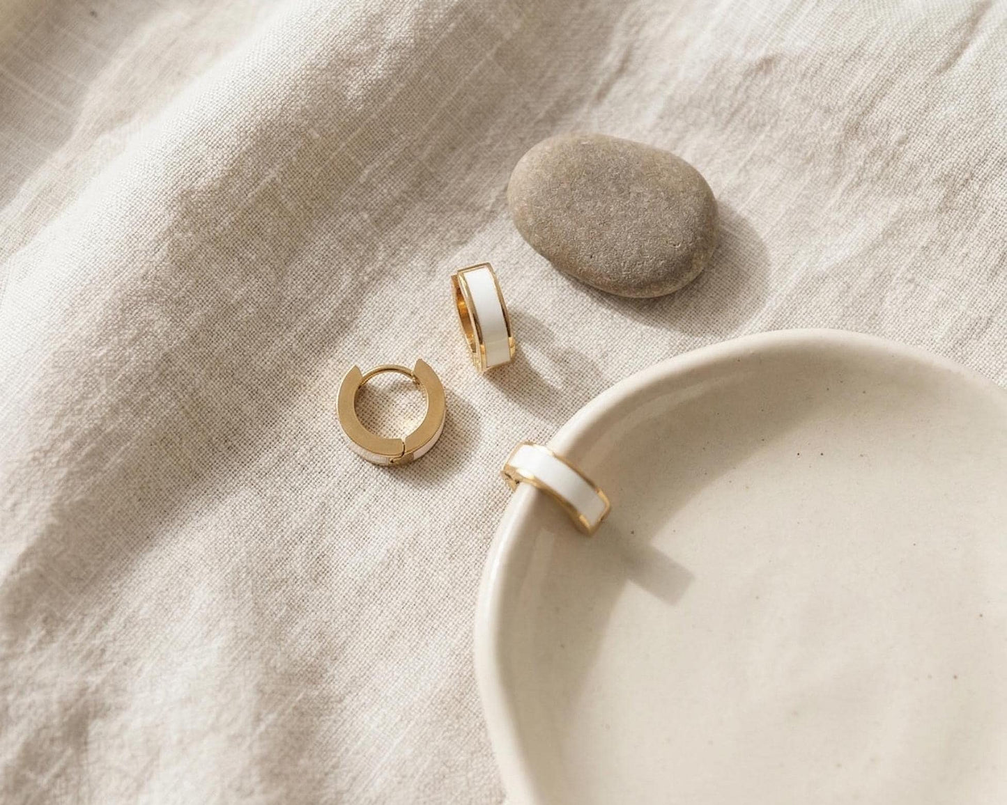 White Enamel Gold Huggie Hoops