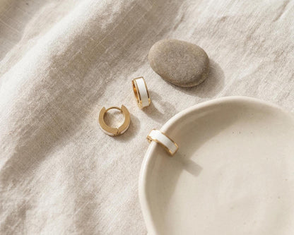 White Enamel Gold Huggie Hoops
