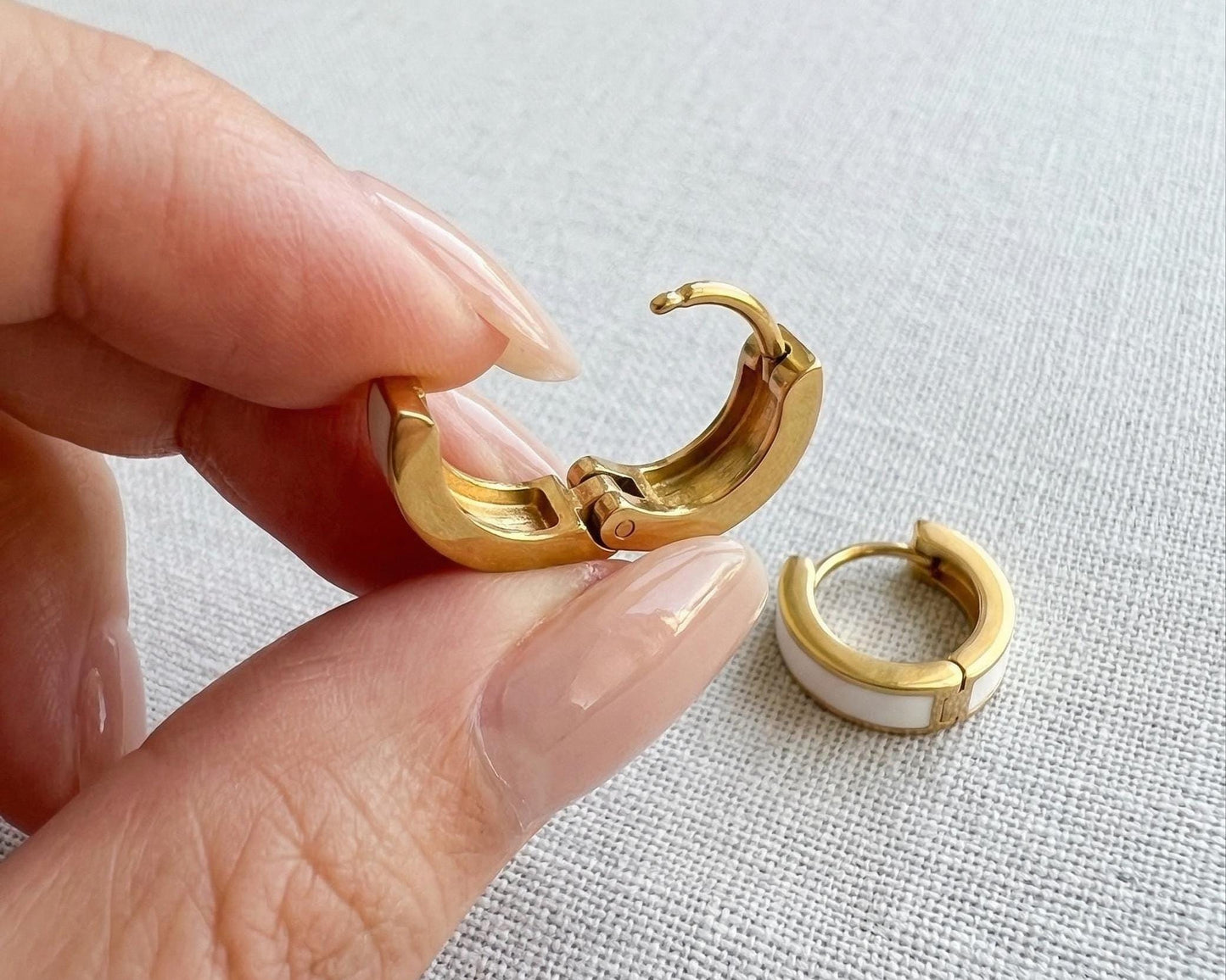 White Enamel Gold Huggie Hoops