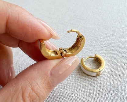 White Enamel Gold Huggie Hoops