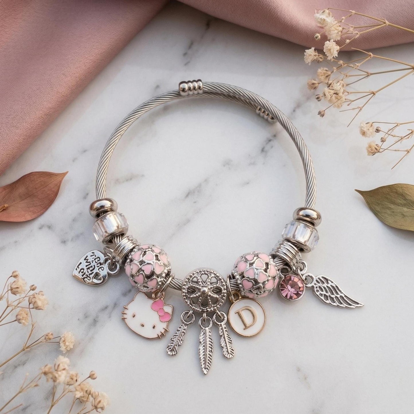 Hello Kitty Charm Bracelet with Initial, Personalized Cable Bangle, Pink Crystal, Y2K Gift Jewelry