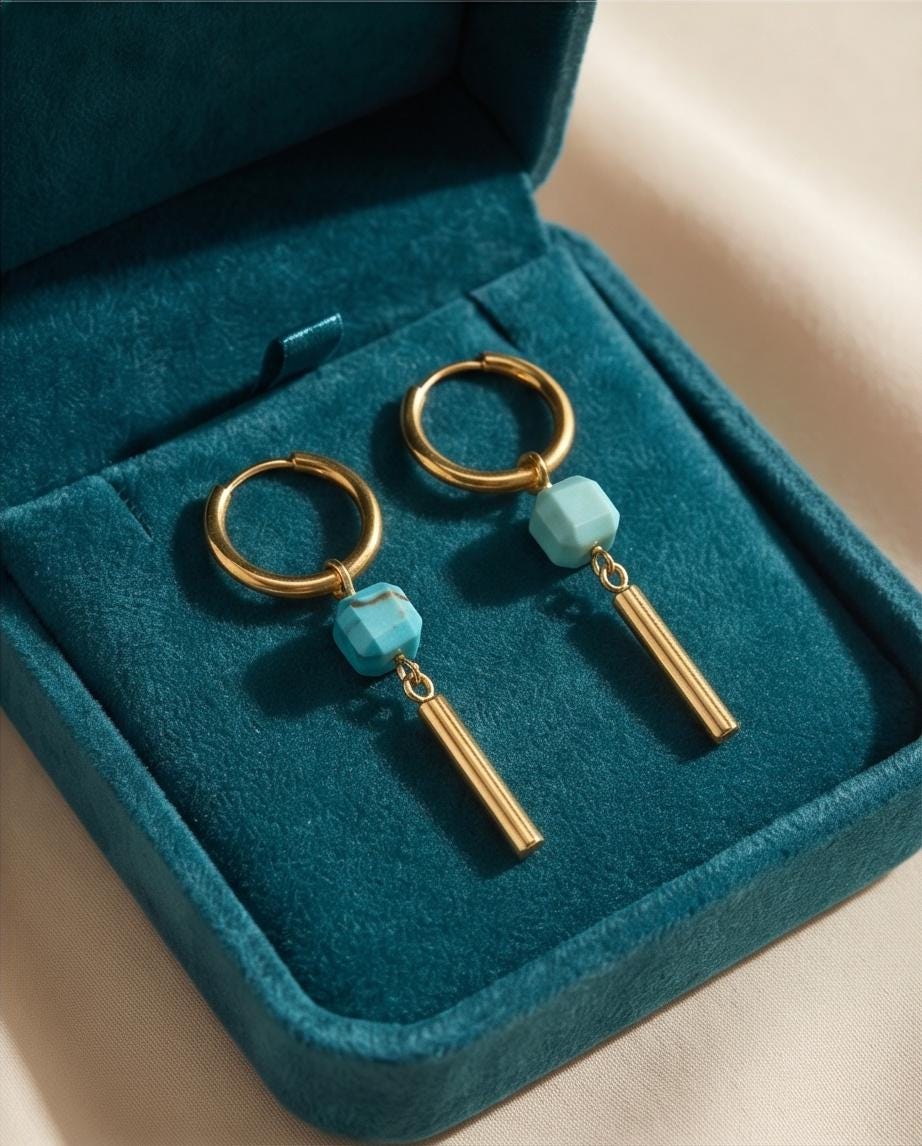 Gold & Turquoise Dangle Huggie Hoop Earrings