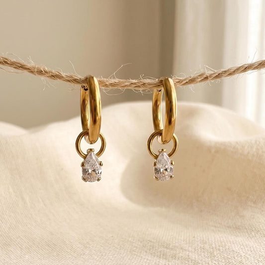 Teardrop CZ Gold Huggie Hoops