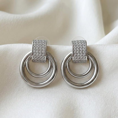Silver Crystal Pavé Double Circle Earrings - front view