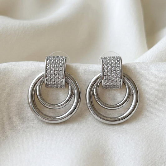 Silver Crystal Pavé Double Circle Earrings - front view