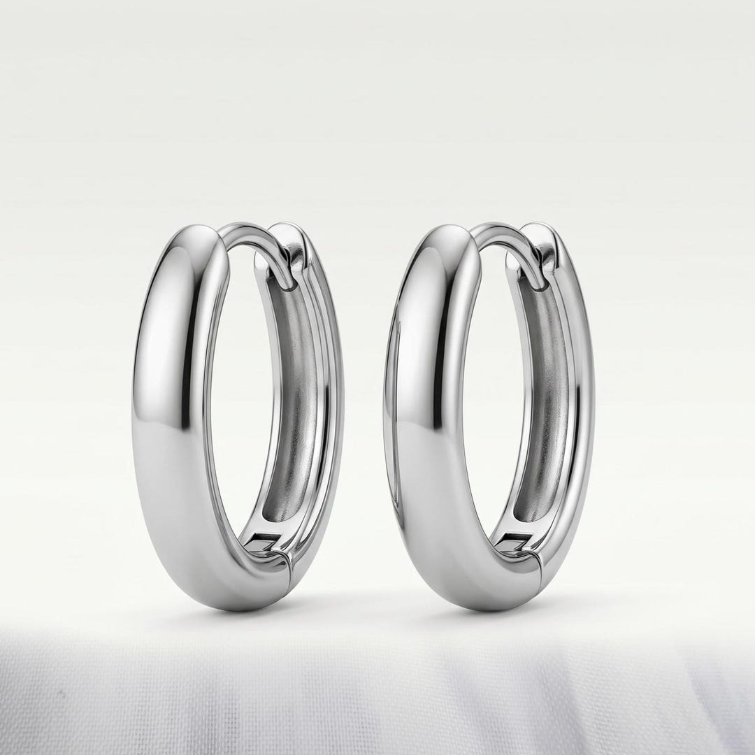 Silver oval huggie hoop earrings 13mm stainless steel