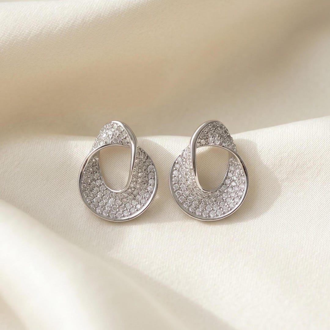 Crystal pavé ribbon stud earrings in silver — sparkly minimalist stud earrings
