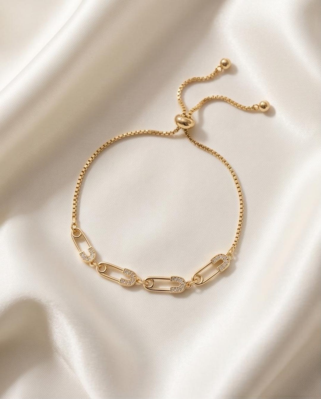 Crystal Safety Pin Bracelet flat lay