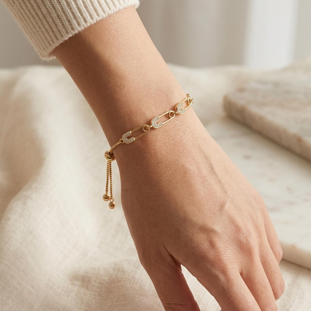 Crystal Safety Pin Bracelet minimalist wrist shot