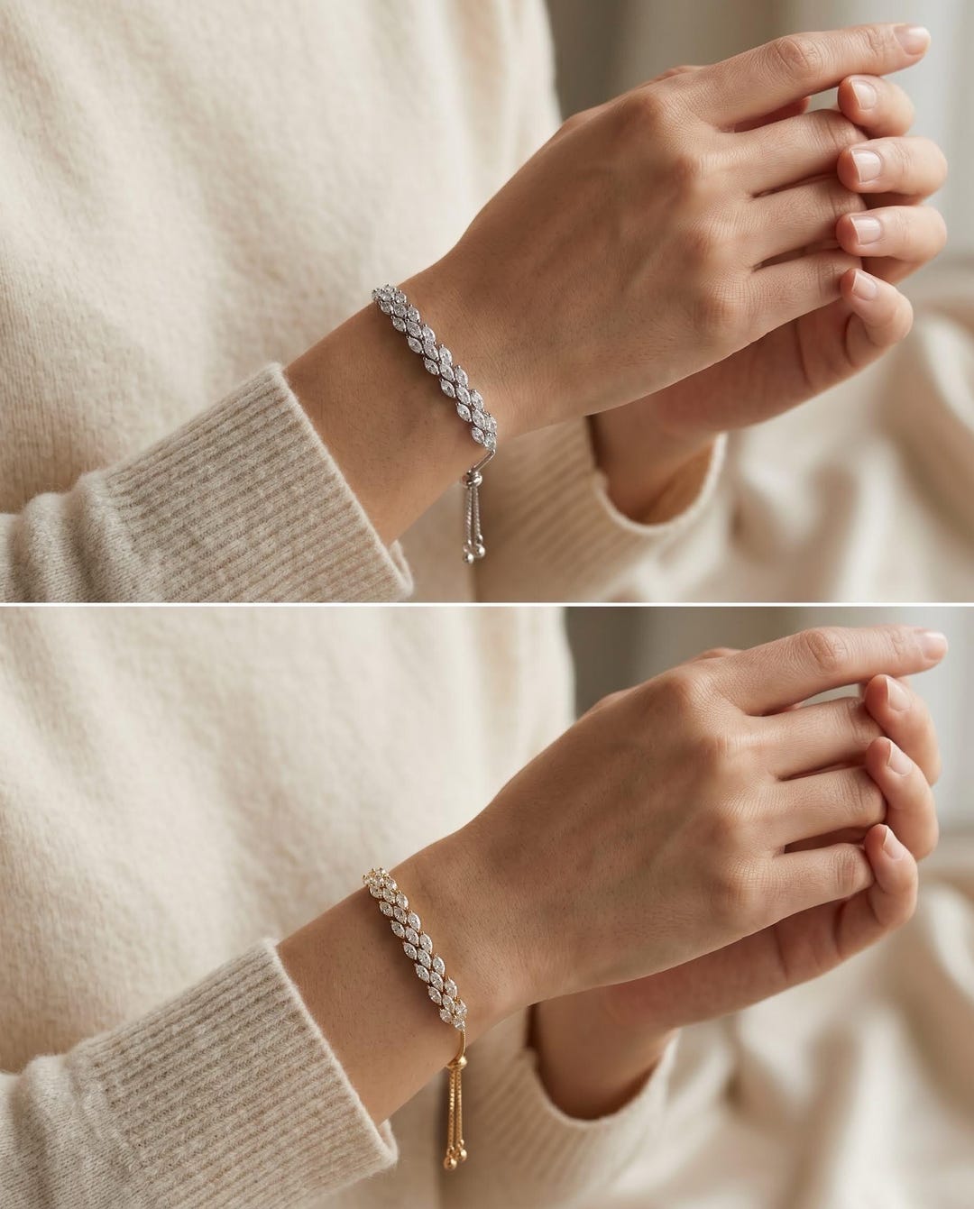 Marquise crystal bracelet white gold flat lay