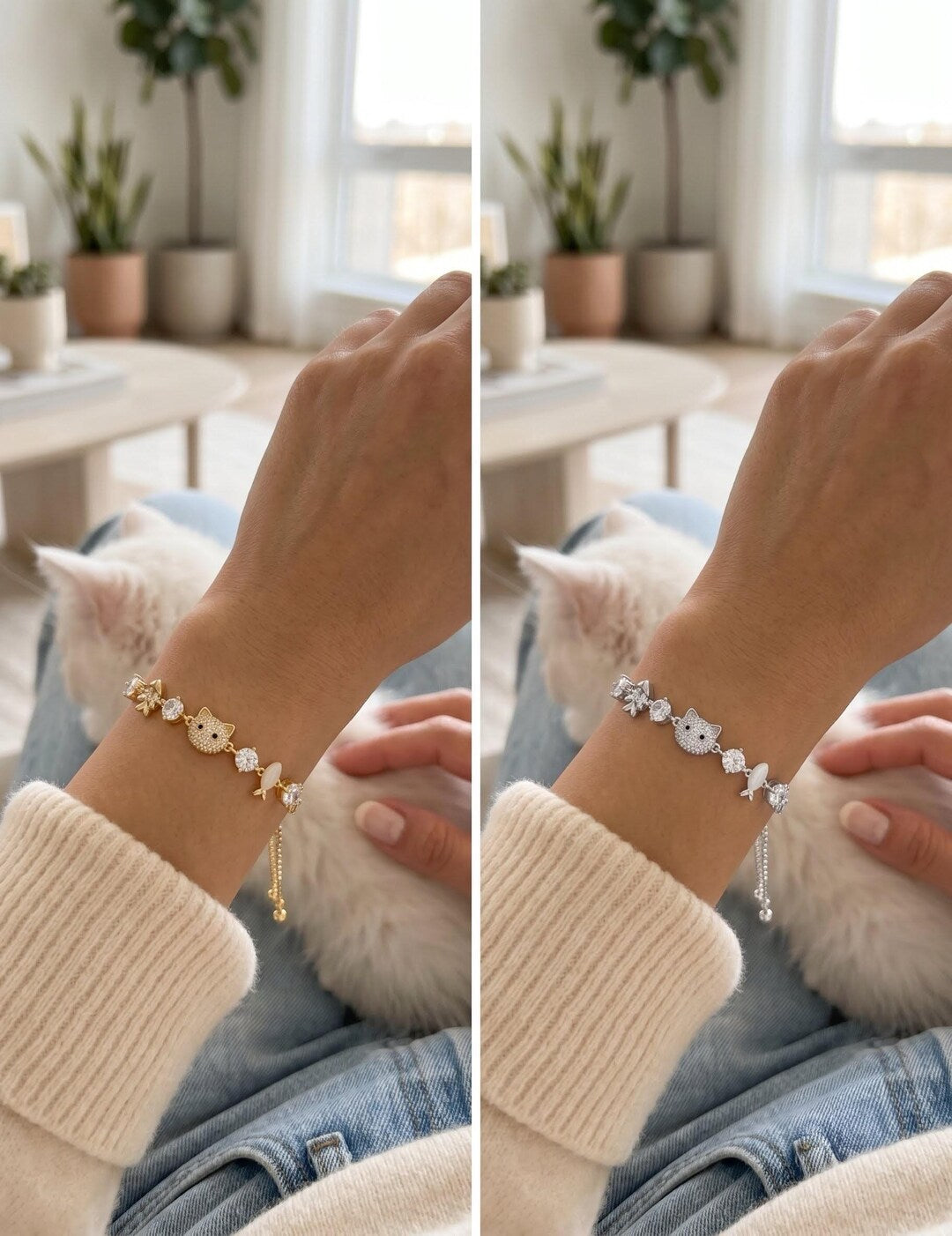Adjustable kitty bracelet cat face charm close-up