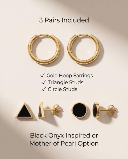 Gold hoop and geometric stud earrings set styled on model