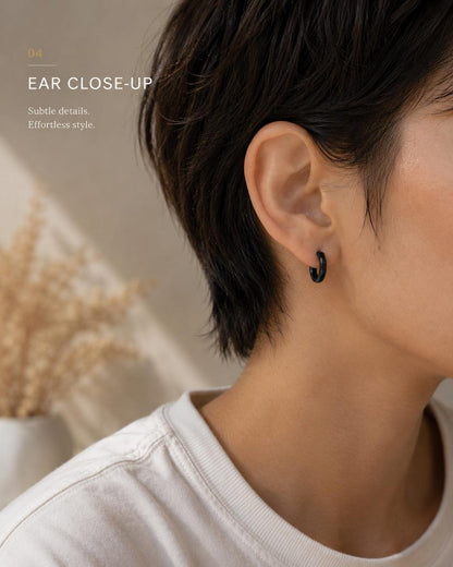 Minimalist black 10mm huggie earrings — waterproof tarnish resistant unisex design