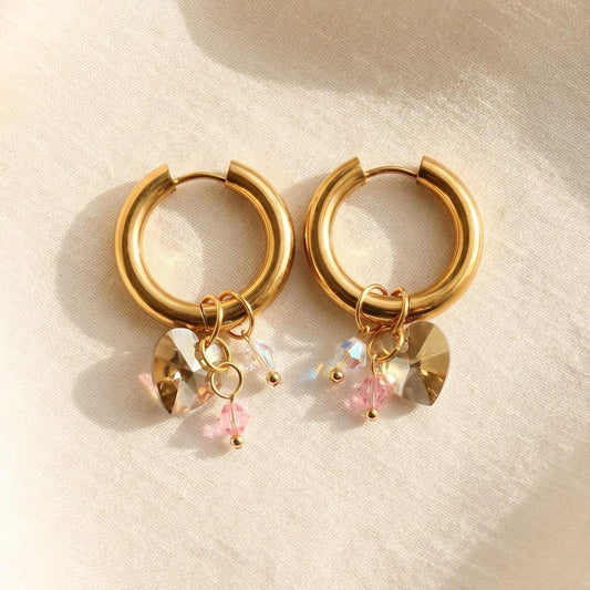 Swarovski Charms Gold-Plated Hoop Earrings with Heart Crystal Dangles
