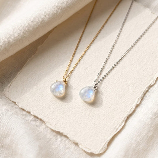 Gold and silver moonstone teardrop pendant necklaces