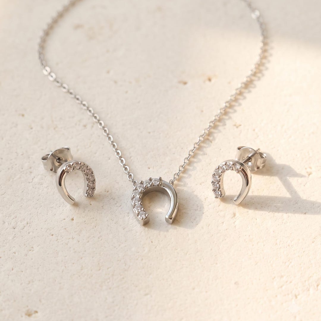 Stainless Steel Horseshoe Necklace & Stud Earrings Set