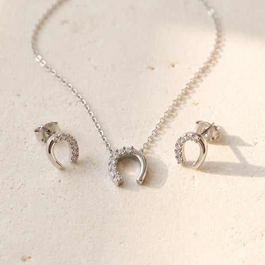 Stainless Steel Horseshoe Necklace & Stud Earrings Set