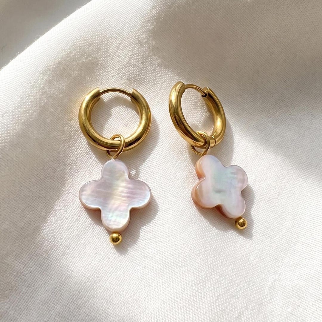 Mother of Pearl Clover Huggie Earrings