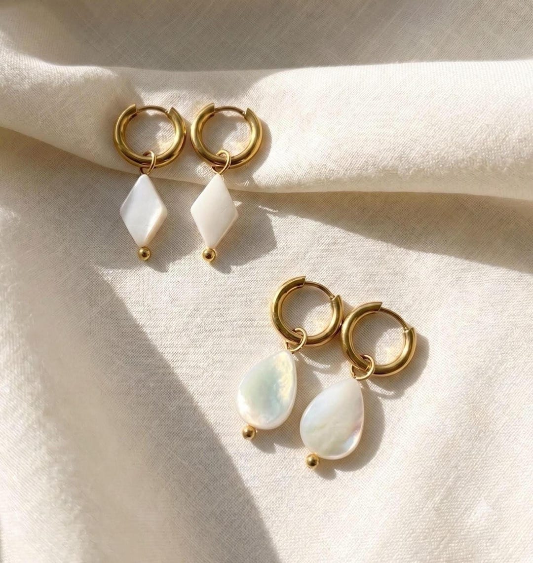Mother of Pearl charm hoop earrings, teardrop and diamond options