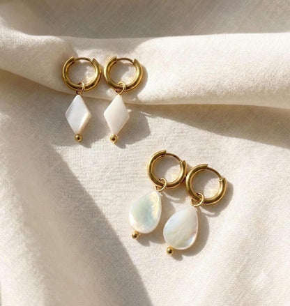 Mother of Pearl charm hoop earrings, teardrop and diamond options