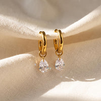 Gold Huggie Earrings with CZ Teardrop Charm