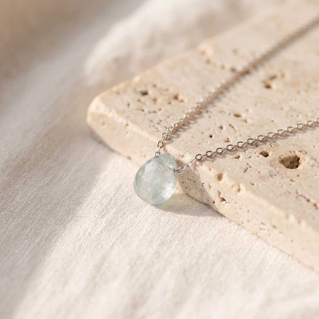 Aquamarine Teardrop Necklace on Sterling Silver Chain