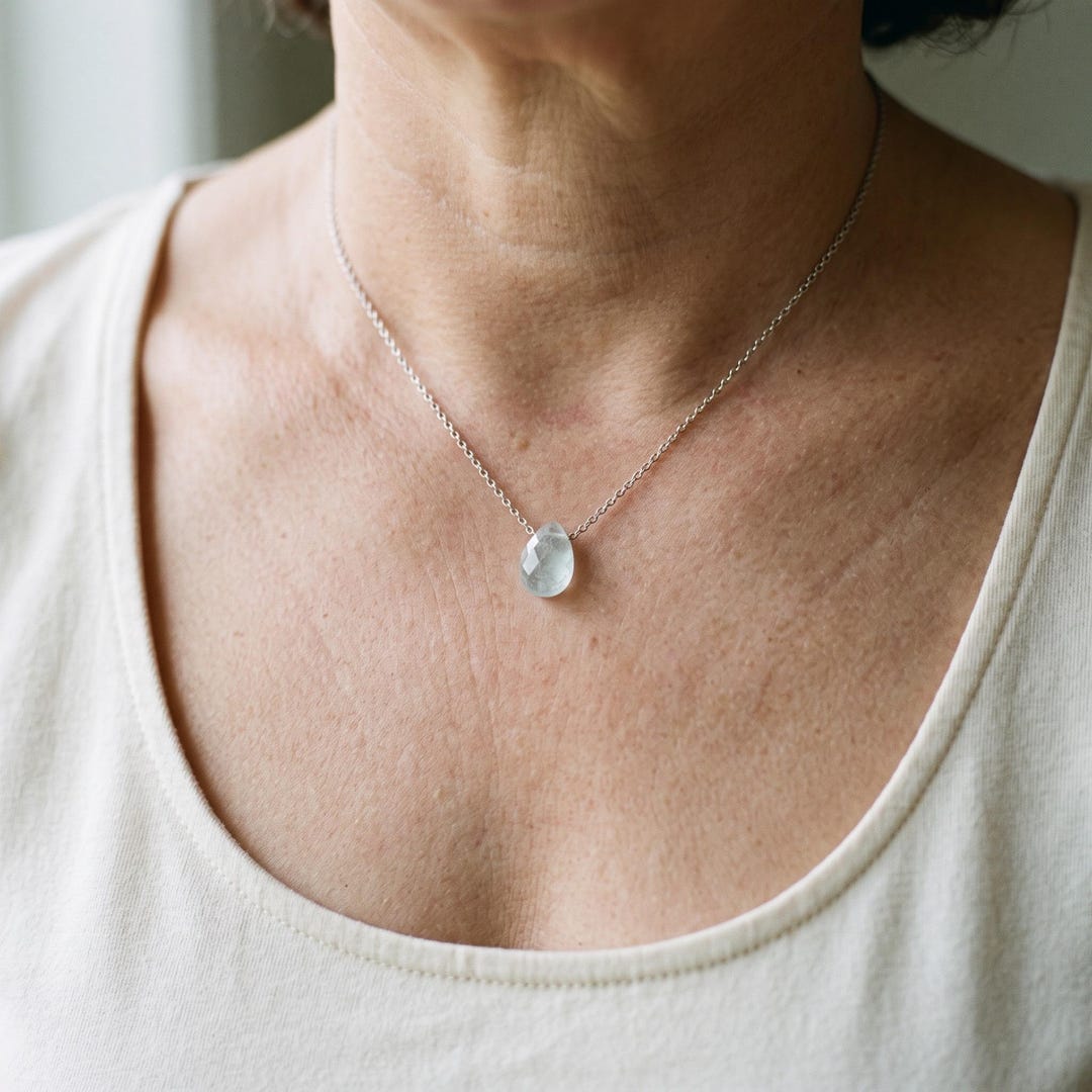 Aquamarine Teardrop Necklace on Sterling Silver Chain