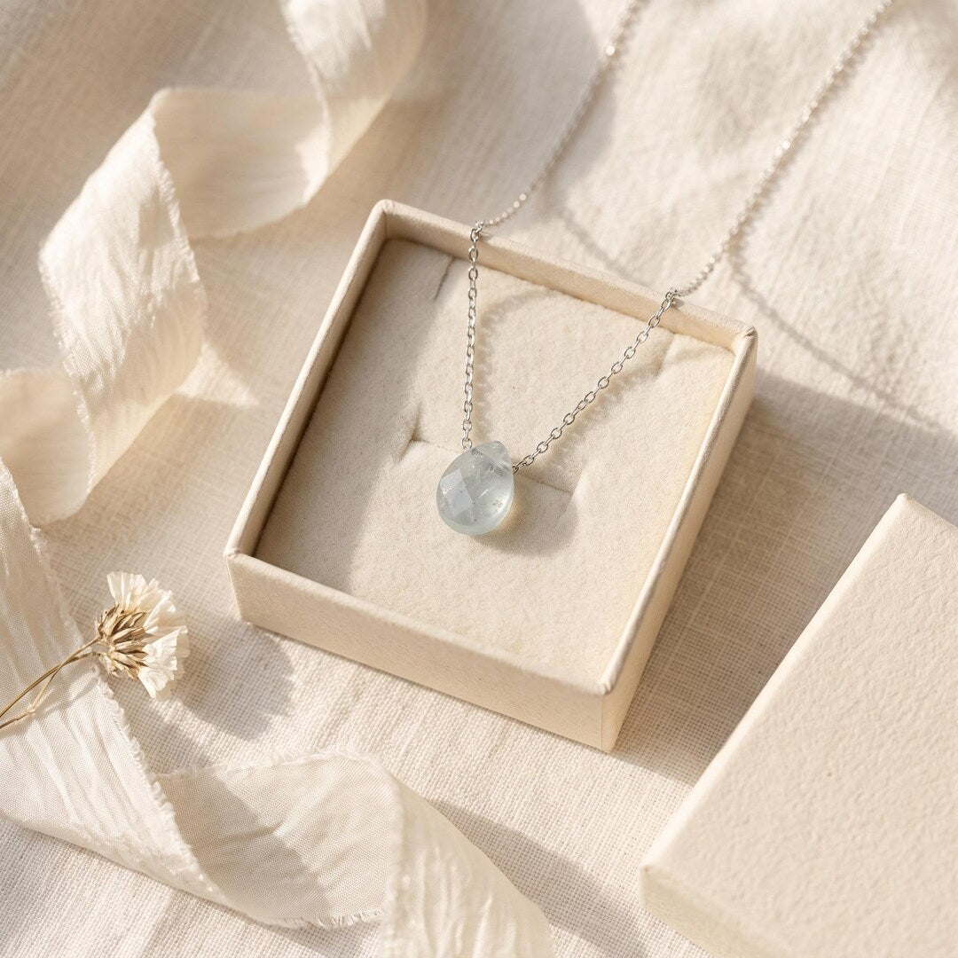 Aquamarine Teardrop Necklace on Sterling Silver Chain