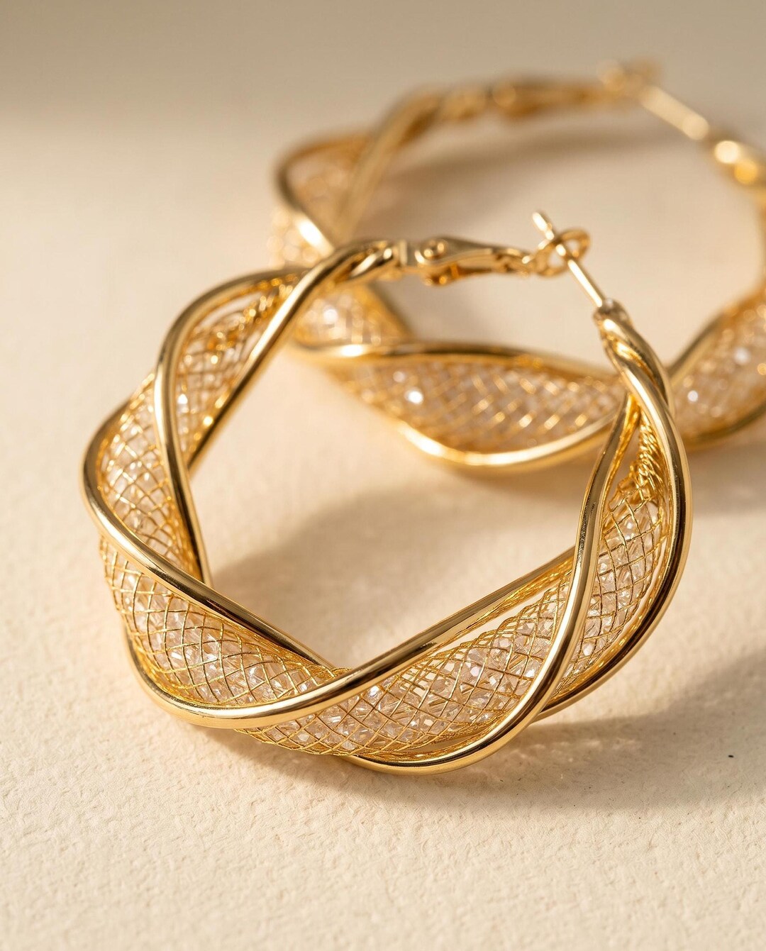 Gold-Plated Twisted Hoop Earrings with Crystal Bead Mesh Tube