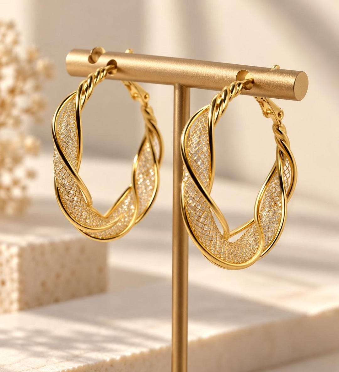 Gold-Plated Twisted Hoop Earrings with Crystal Bead Mesh Tube