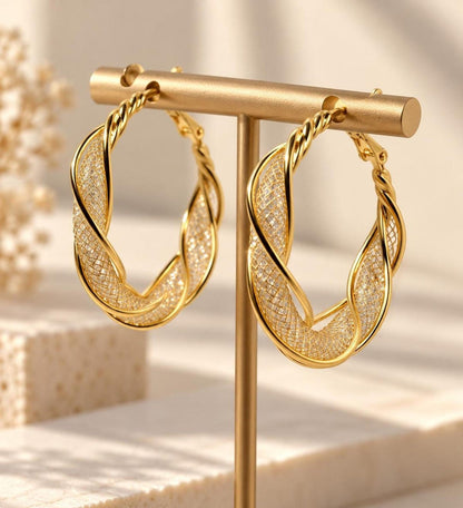 Gold-Plated Twisted Hoop Earrings with Crystal Bead Mesh Tube