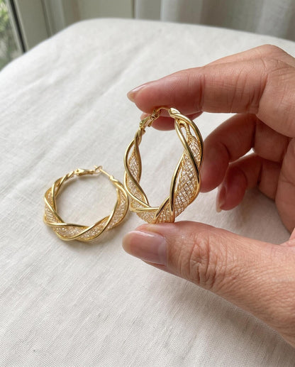 Gold-Plated Twisted Hoop Earrings with Crystal Bead Mesh Tube