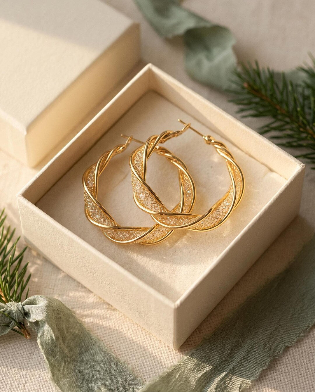 Gold-Plated Twisted Hoop Earrings with Crystal Bead Mesh Tube
