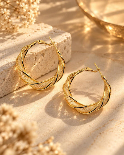 Gold-Plated Twisted Hoop Earrings with Crystal Bead Mesh Tube