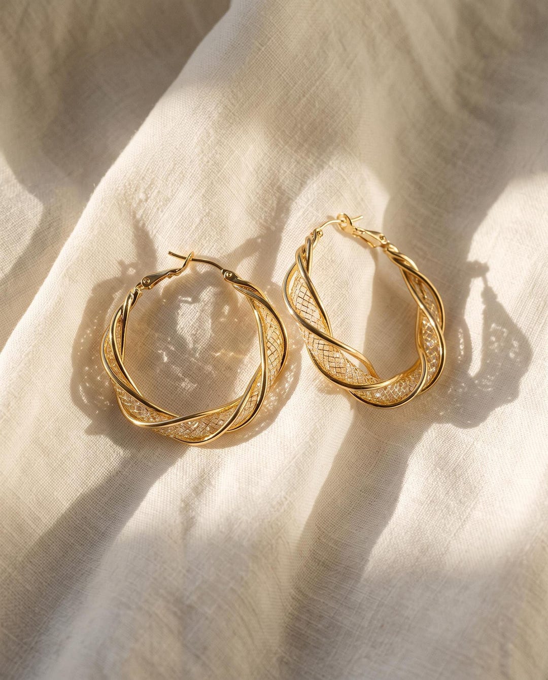 Gold-Plated Twisted Hoop Earrings with Crystal Bead Mesh Tube