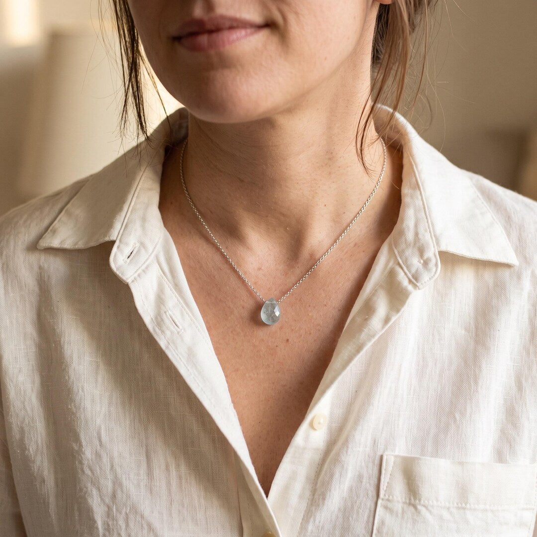 Aquamarine Teardrop Necklace on Sterling Silver Chain