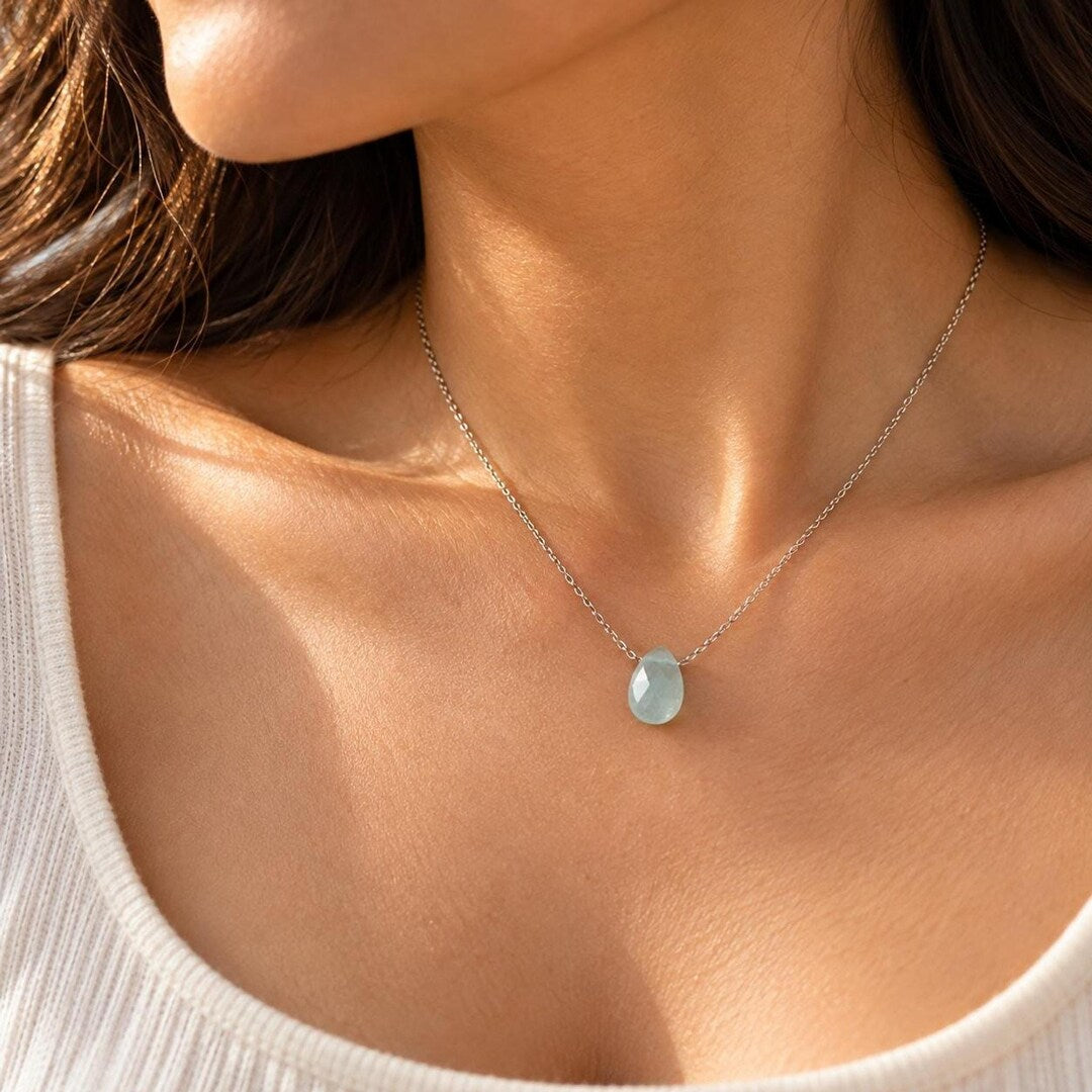 Aquamarine Teardrop Necklace on Sterling Silver Chain