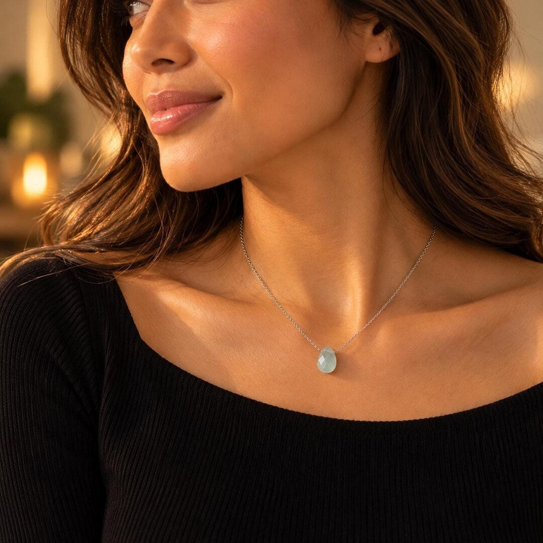 Aquamarine Teardrop Necklace on Sterling Silver Chain