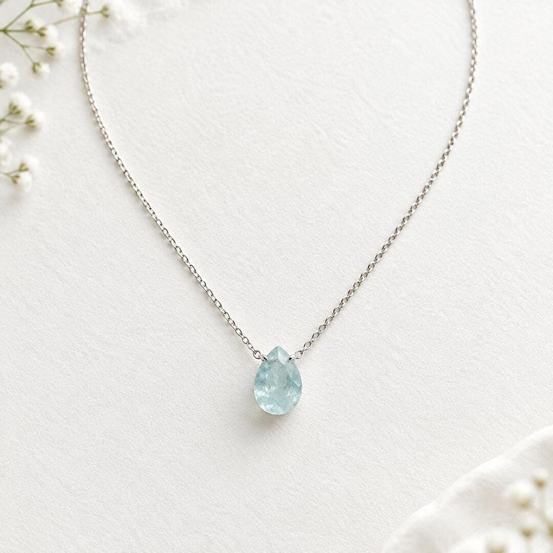 Aquamarine Teardrop Necklace on Sterling Silver Chain