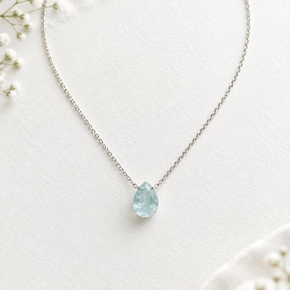 Aquamarine Teardrop Necklace on Sterling Silver Chain