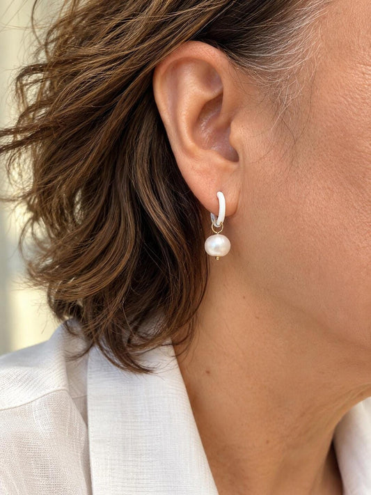 White Enamel Huggie Hoop Earrings with Freshwater Pearl Drops