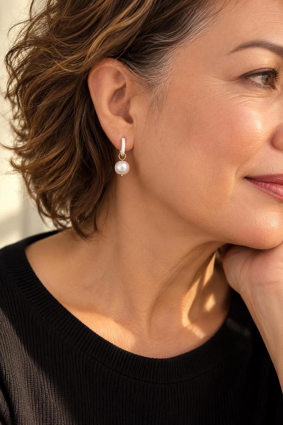 White Enamel Huggie Hoop Earrings with Freshwater Pearl Drops