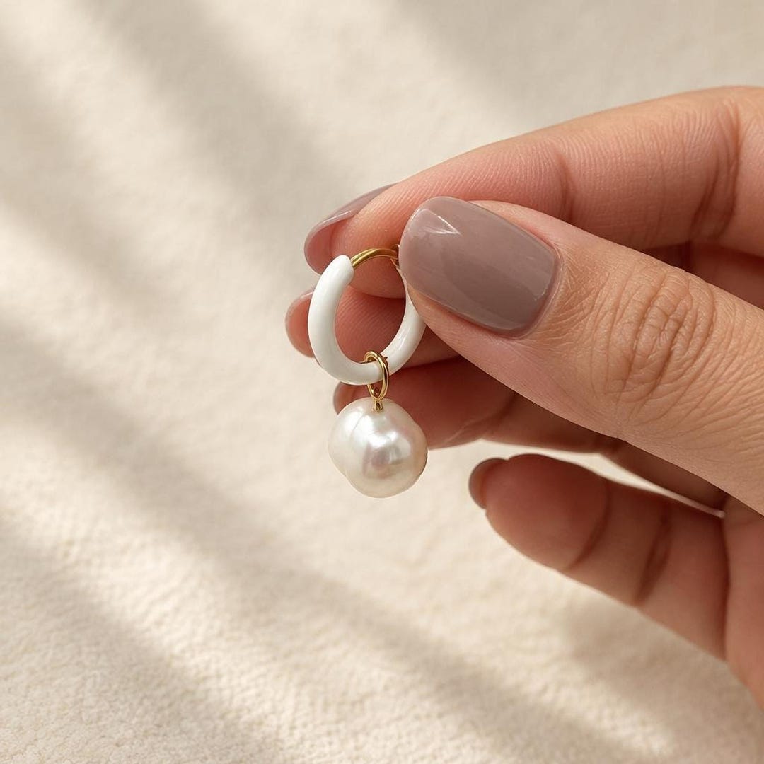 White Enamel Huggie Hoop Earrings with Freshwater Pearl Drops