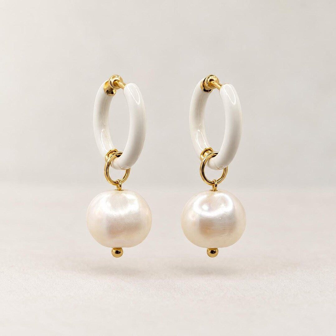 White Enamel Huggie Hoop Earrings with Freshwater Pearl Drops