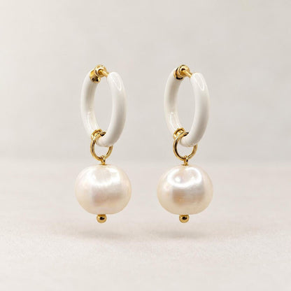 White Enamel Huggie Hoop Earrings with Freshwater Pearl Drops