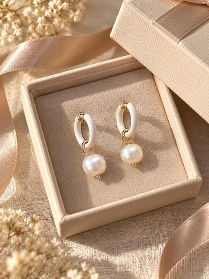 White Enamel Huggie Hoop Earrings with Freshwater Pearl Drops