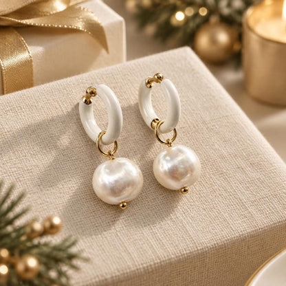White Enamel Huggie Hoop Earrings with Freshwater Pearl Drops